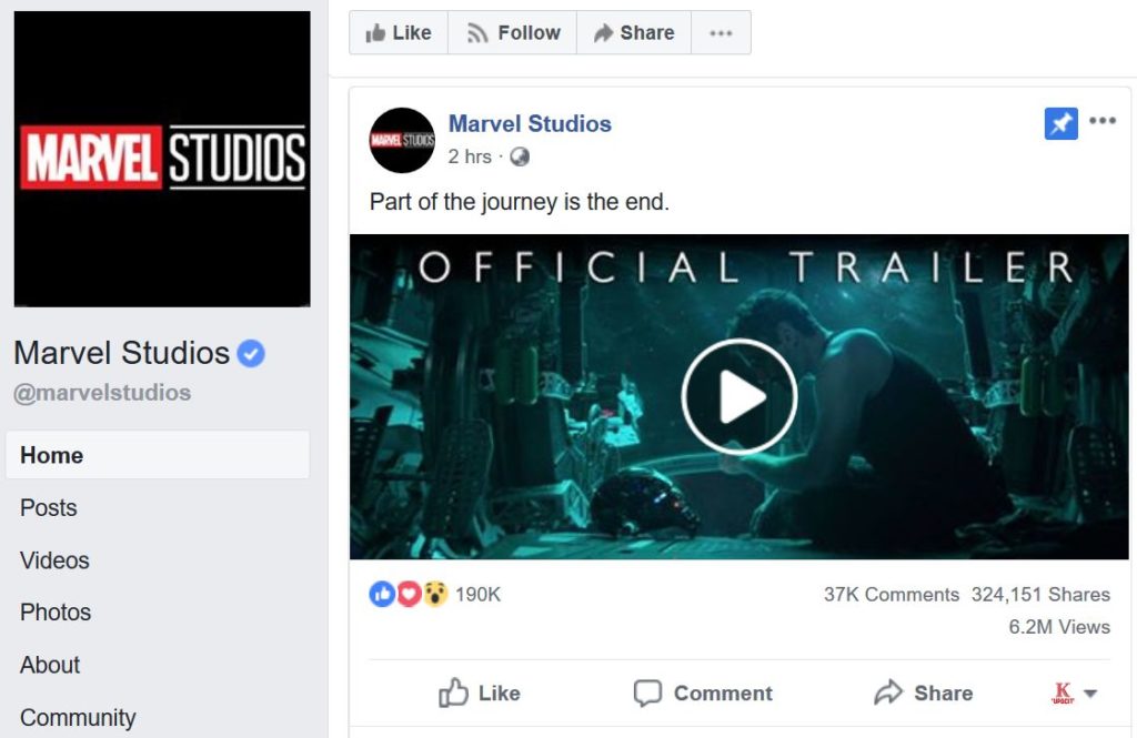 And within two hours, Marvel Studios facebook page has clocked 190k reactions and 37k comments, and million views. That is just two hours. 