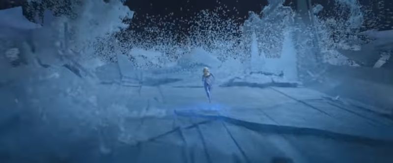 Elsa running against waves by using her powers to keep freezing patches of waves as steps