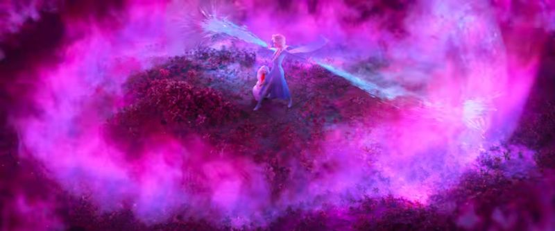 Elsa together with Olaf in what seems to be a heart shaped purple flame