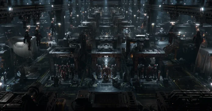 Rows of Dominion mech suits and marines lined up in a massive hangar bay in the StarCraft Dominion cinematic
