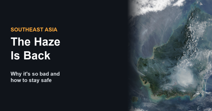 Satellite image of Borneo with smoke from forest fires, Southeast Asia haze 2026