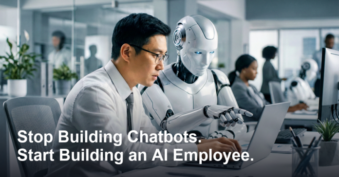 AI employee working alongside a person at a laptop in an office
