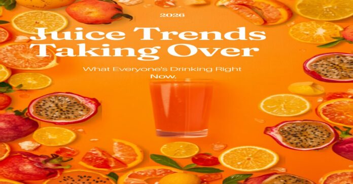 Juice trends 2026 hero image with tropical fruit and juice