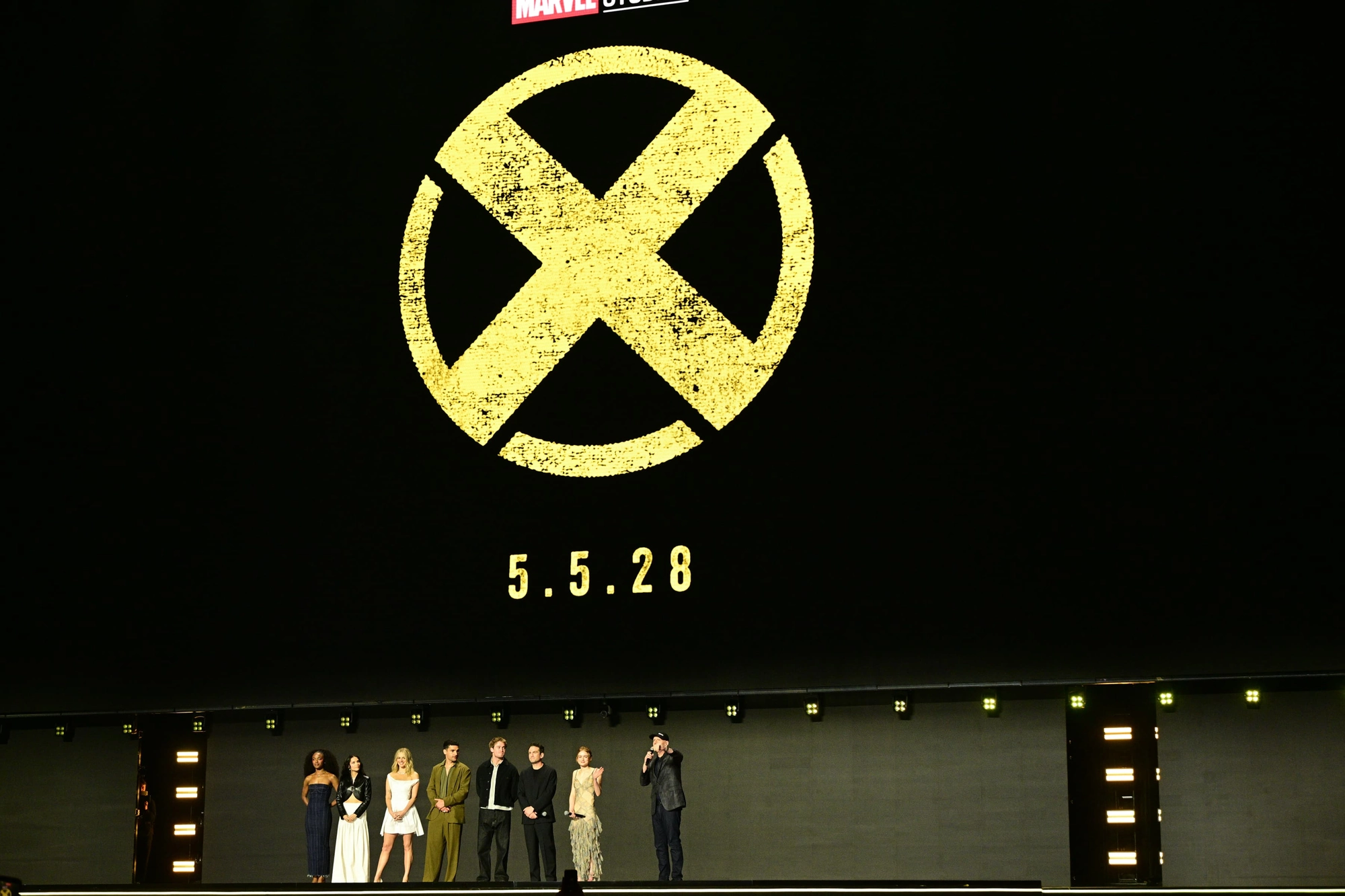 X-Men logo with May 5 2028 release date at D23 2026