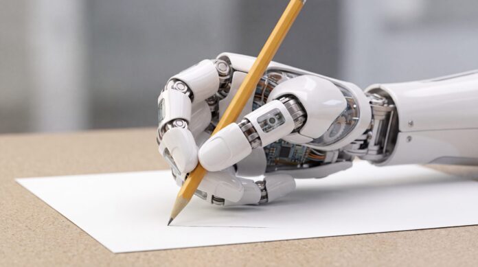 AI watermark concept - robot hand writing with a pencil